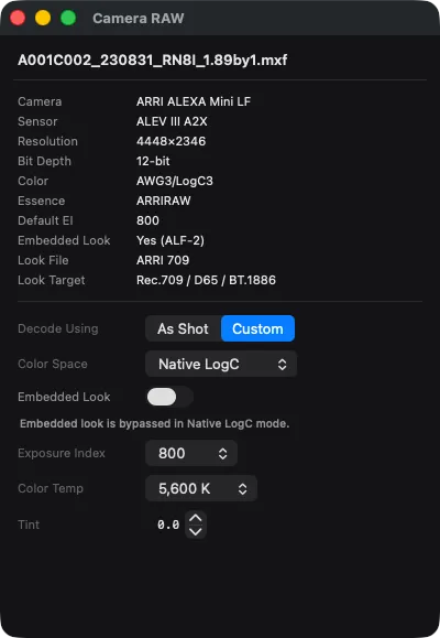 Parallel Media Encoder Camera RAW panel showing an ARRI ALEXA Mini LF ARRIRAW clip with full metadata and color controls