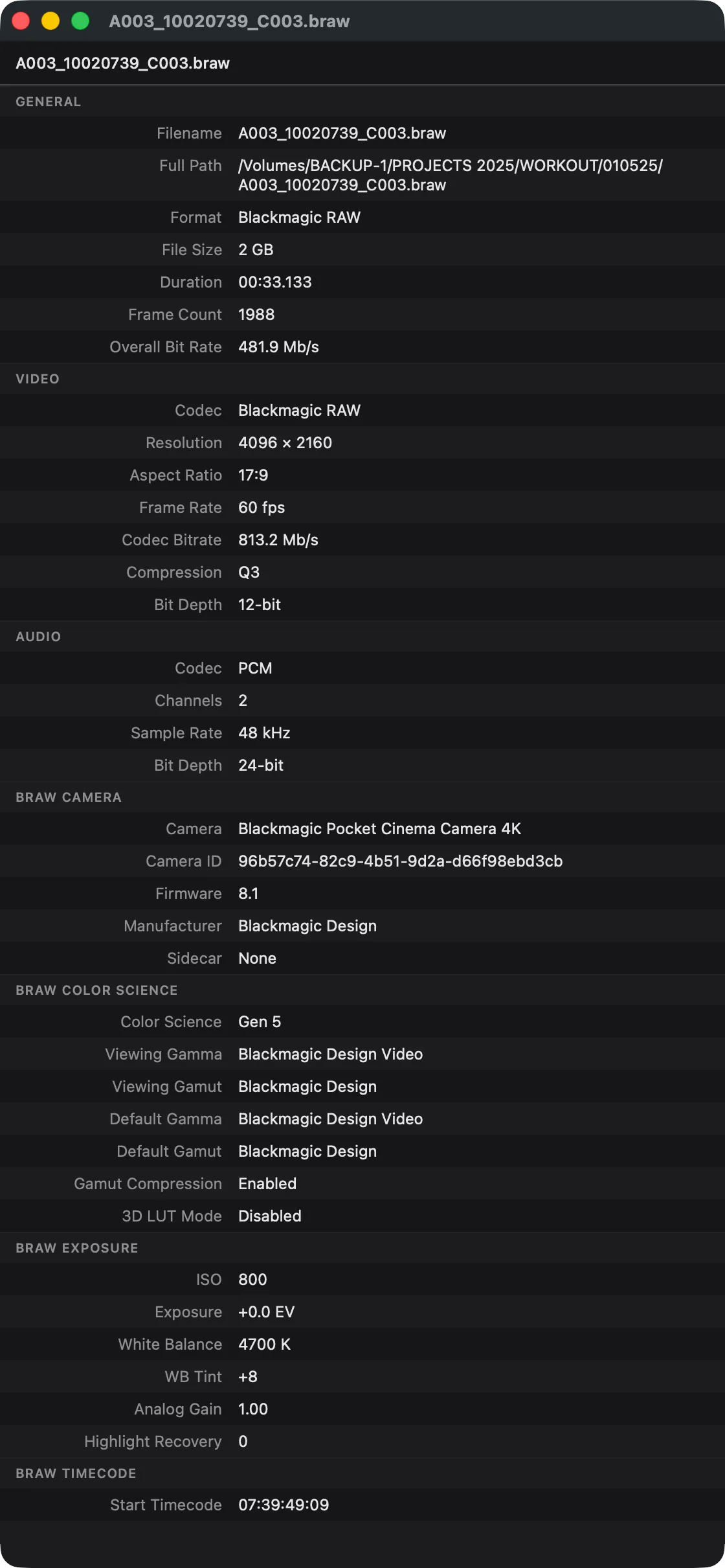 Metadata viewer for a Blackmagic RAW clip: file, video, audio, camera, color science, exposure, and timecode details