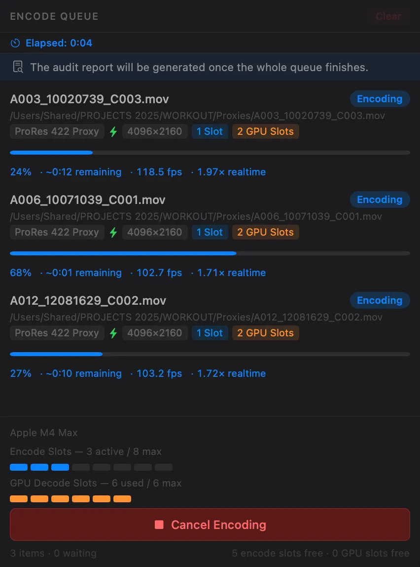 Encode queue with three Blackmagic RAW clips transcoding to ProRes 422 Proxy at once, with encode slot and GPU decode slot meters