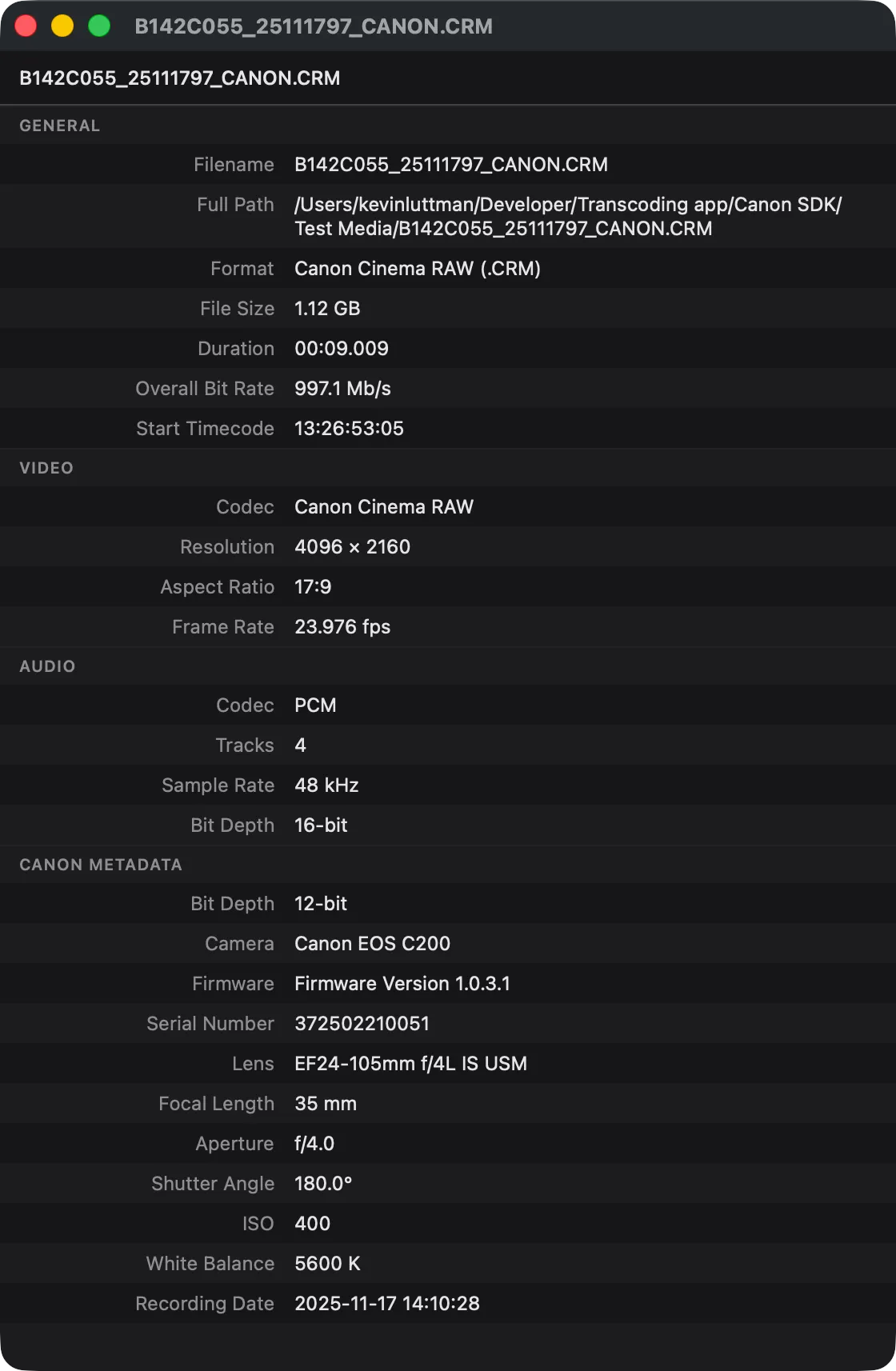 Parallel Media Encoder metadata viewer showing full Canon Cinema RAW Light (.CRM) clip details — camera, resolution, color, ISO, white balance, and lens