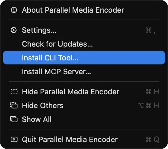 Parallel Media Encoder app menu with Install CLI Tool highlighted