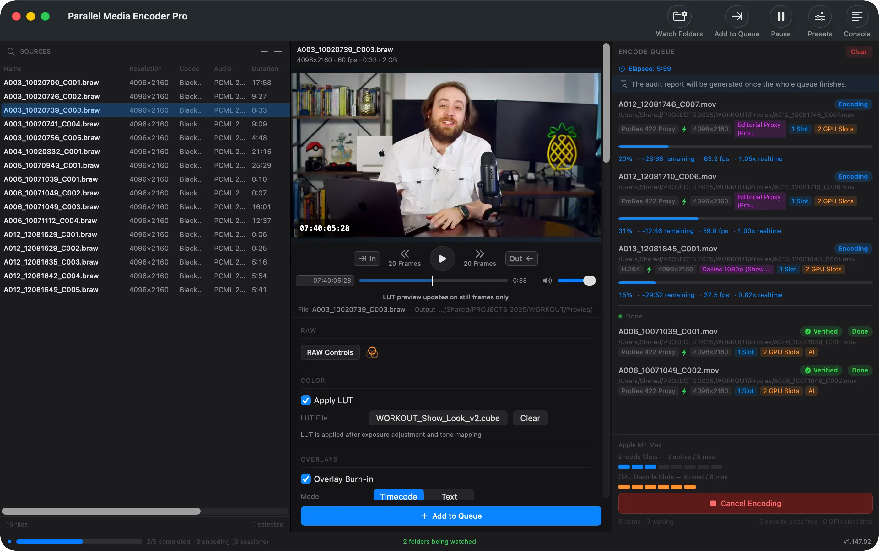 Parallel Media Encoder Pro with Blackmagic RAW sources, a LUT and timecode preview, and three proxy encodes running in the queue