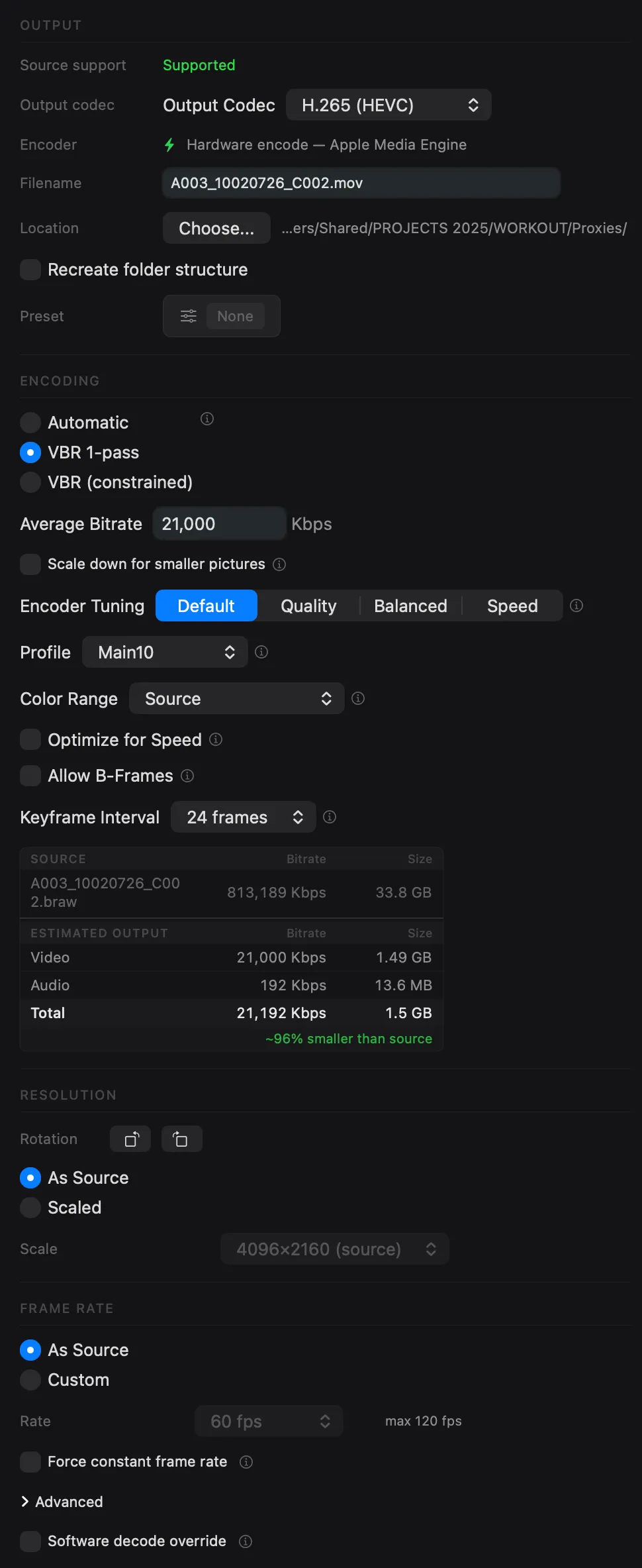 Output and encoding settings for a Blackmagic RAW clip: H.265 hardware encode, bitrate, profile, estimated output size, resolution, and frame rate