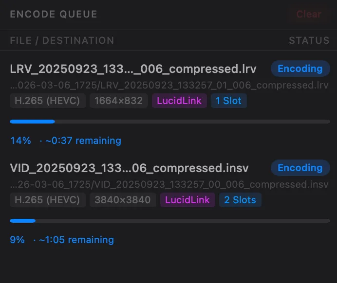 Insta360 .insv and .lrv files encoding in Parallel Media Encoder with progress bars