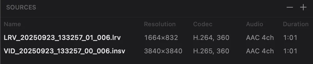 Insta360 .insv and .lrv files loaded in Parallel Media Encoder showing resolution, codec, and 360 detection