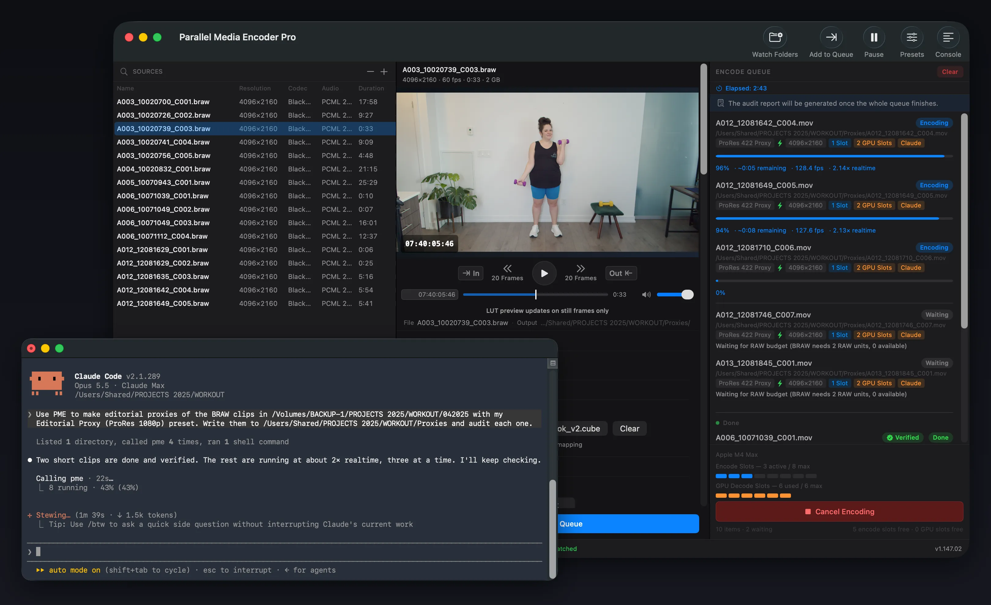 Claude Code in Terminal asking PME to make audited ProRes proxies of Blackmagic RAW clips, with the jobs tagged Claude in the Parallel Media Encoder queue