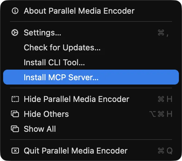 Parallel Media Encoder app menu with Install MCP Server highlighted