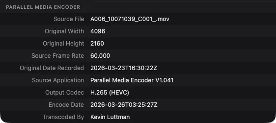 PME metadata embedded in output file showing source info and Transcoded By field