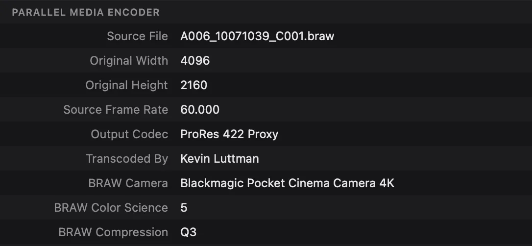 PME metadata embedded in a ProRes proxy: source file, original resolution and frame rate, Transcoded By, and Blackmagic RAW camera details