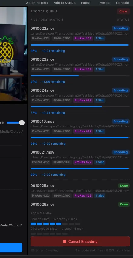 Encode queue showing multiple files transcoding to ProRes in parallel