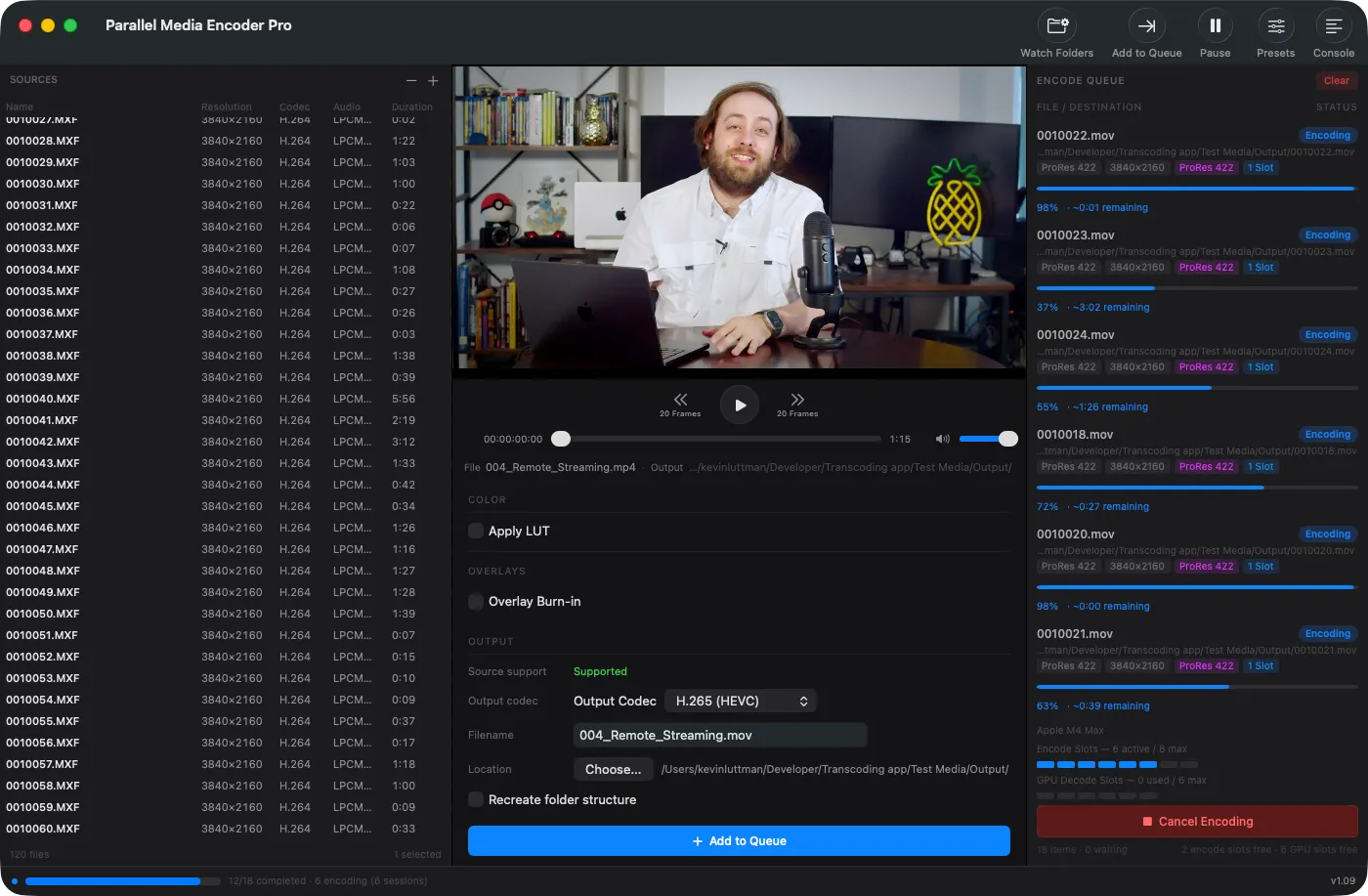 MXF source files loaded in Parallel Media Encoder