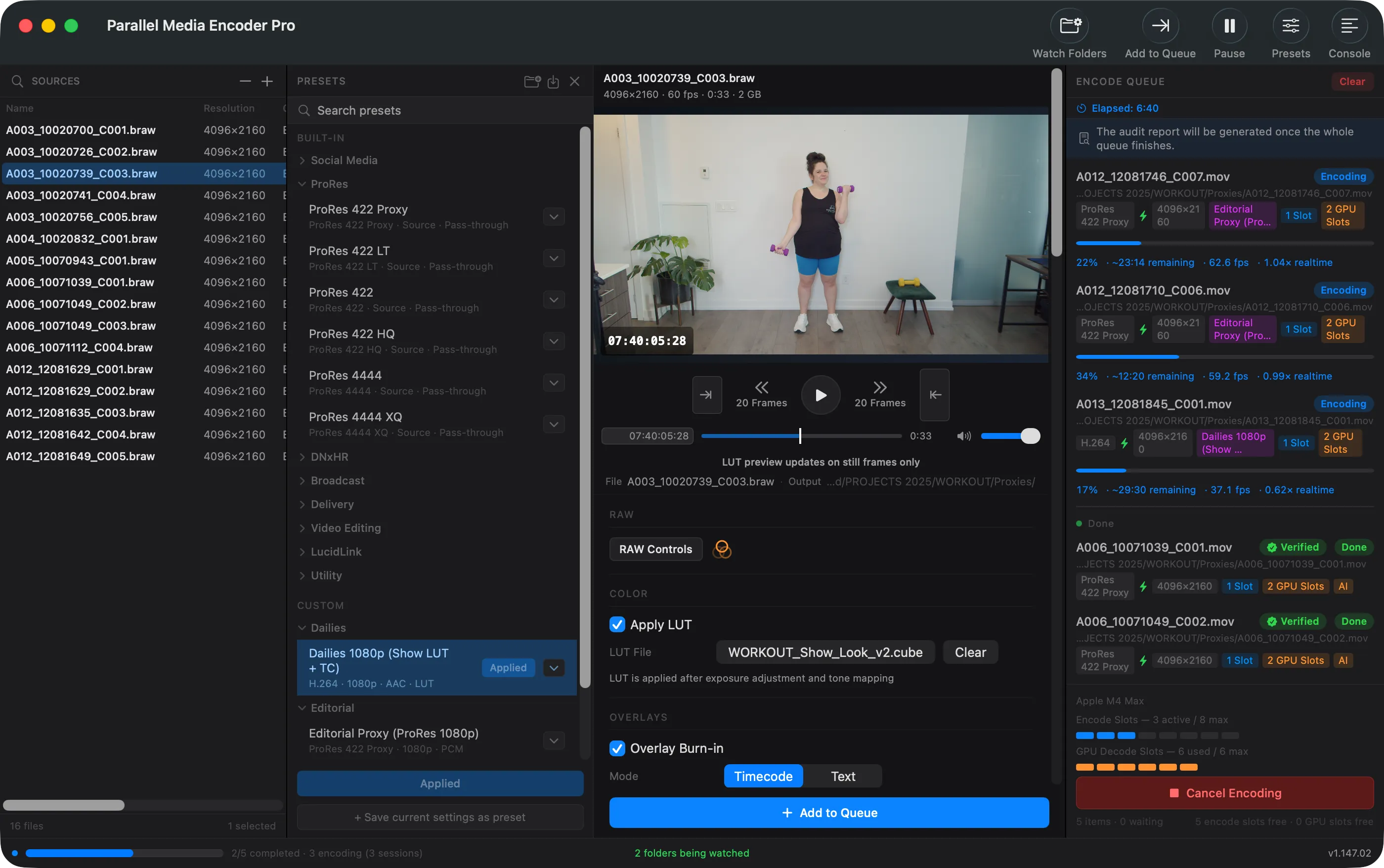 Sources, Presets panel, LUT preview, and encode queue in one Parallel Media Encoder window
