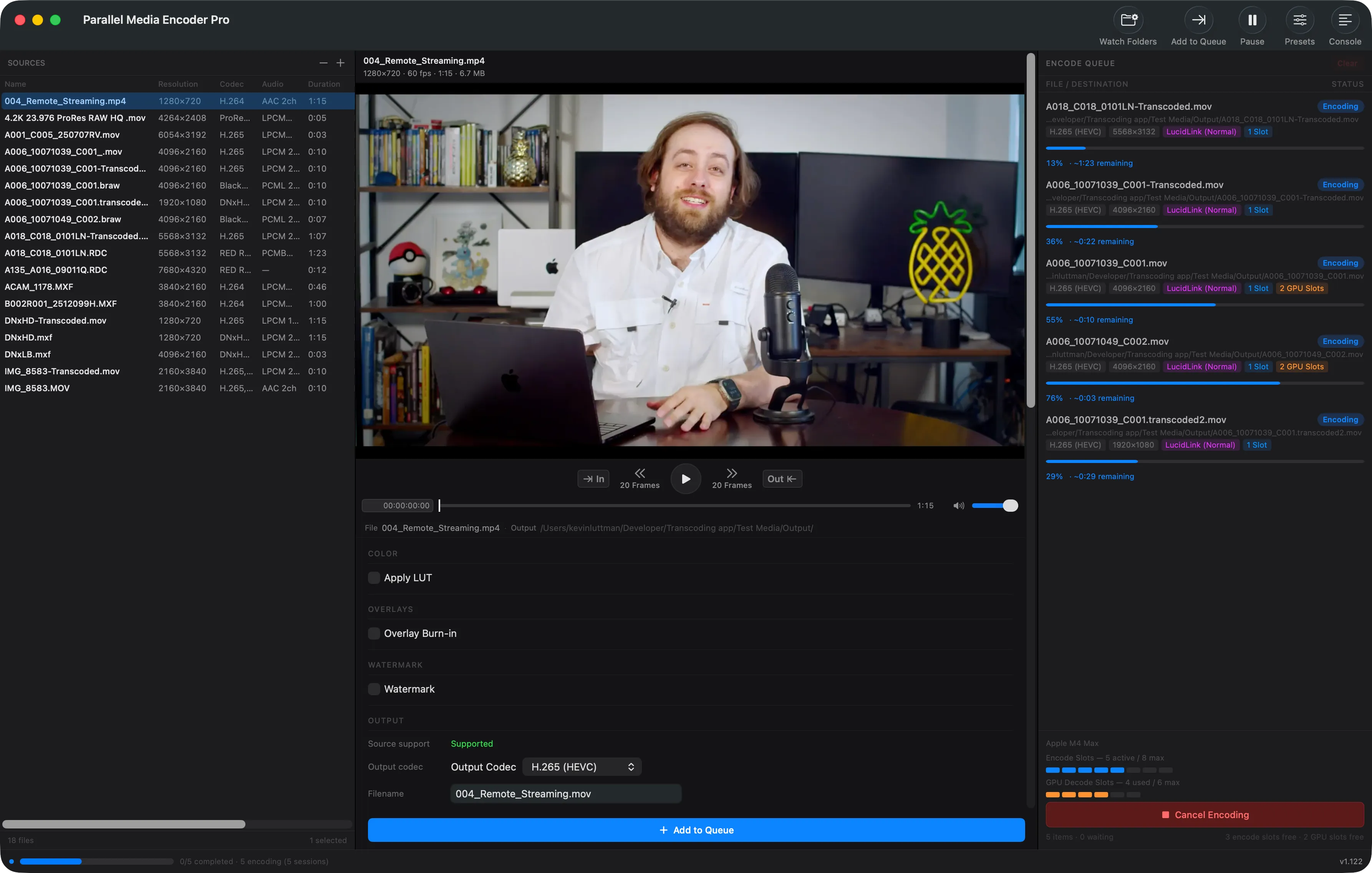 Parallel Media Encoder Pro showing source panel, video preview, and encoding queue