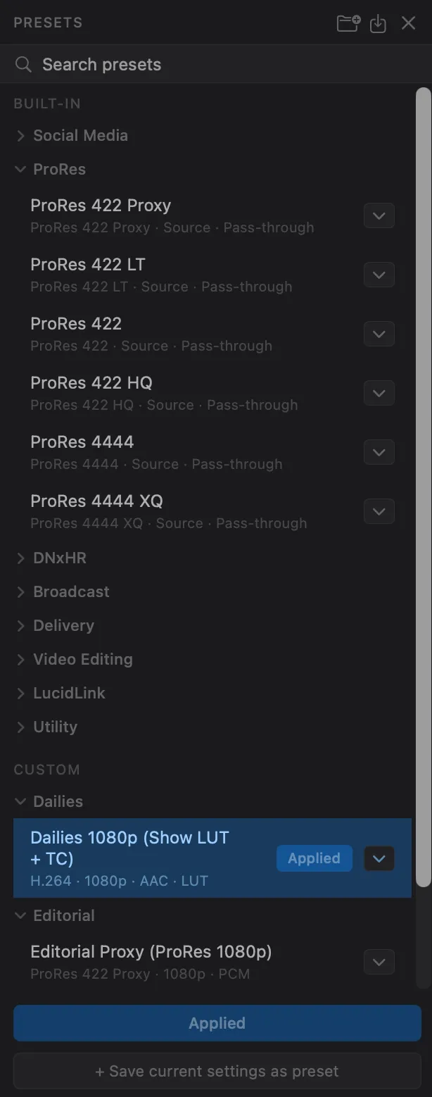 Presets sidebar showing built-in and custom encoding presets