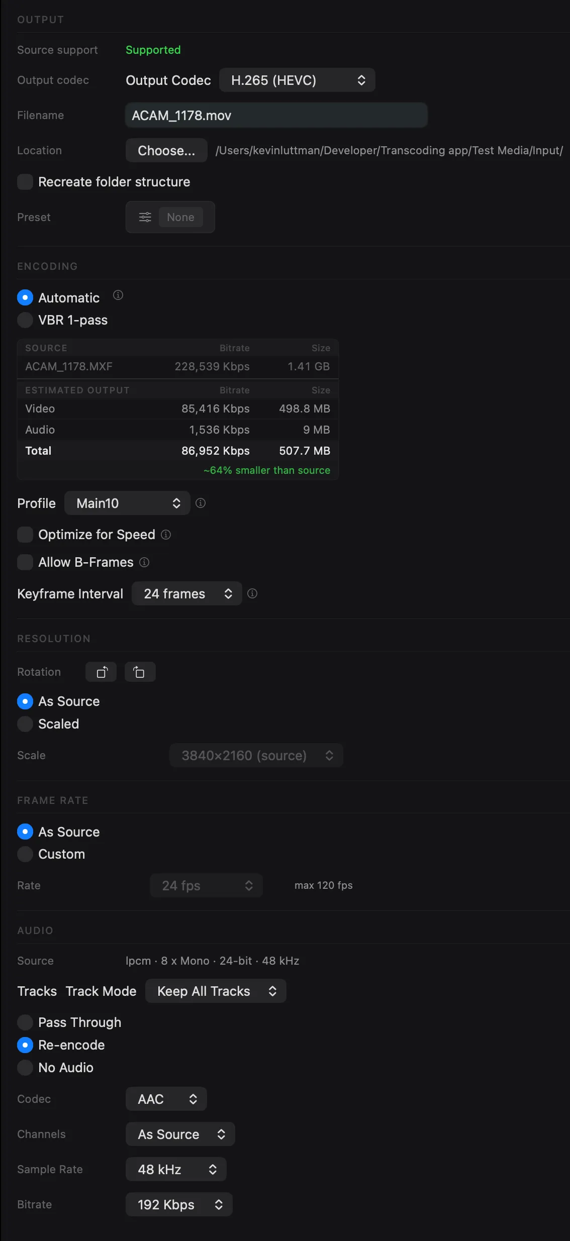Encoding output settings showing codec, quality mode, resolution, and audio configuration