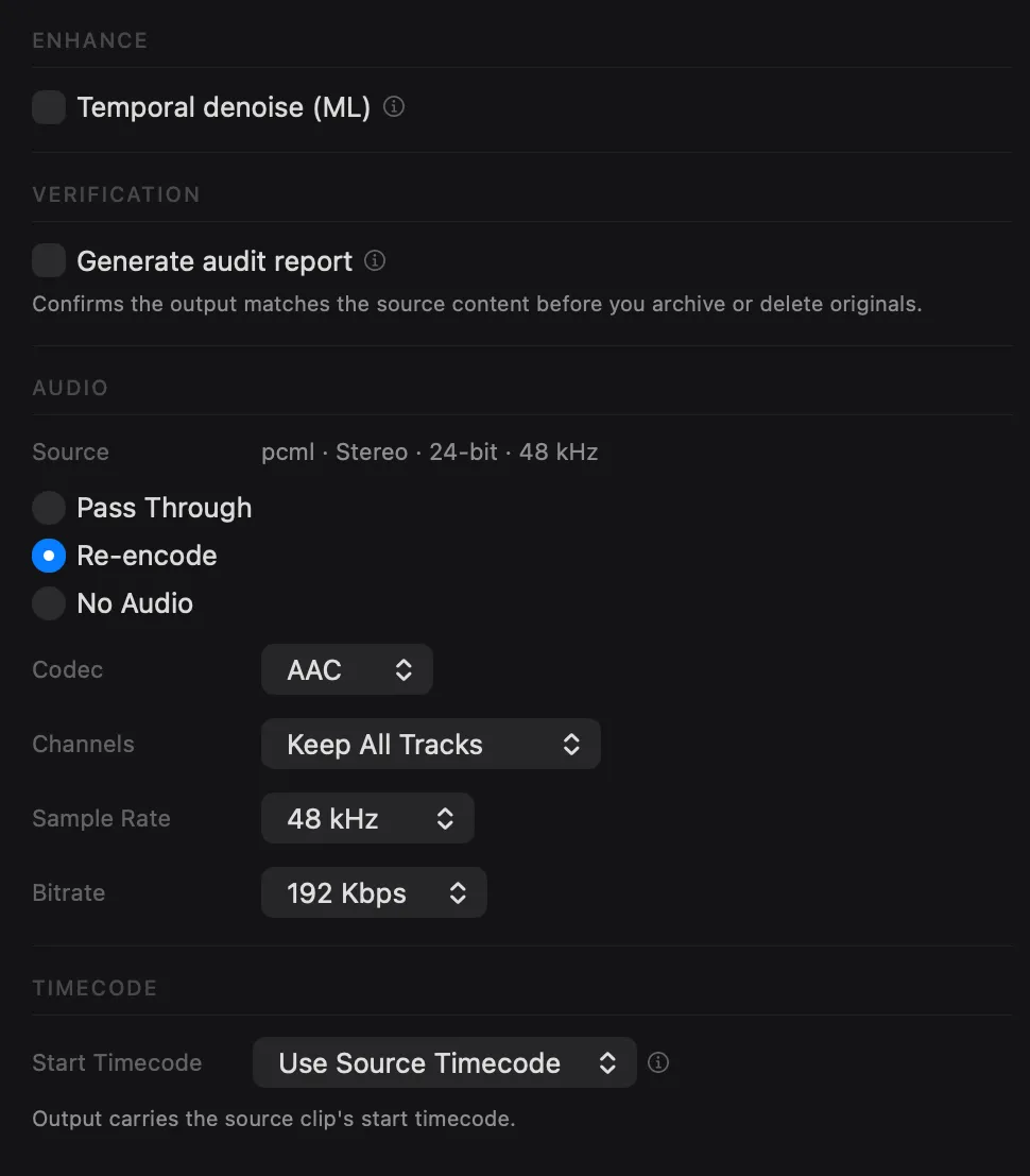 Temporal denoise, audit report, audio re-encode, and source timecode settings for an encode