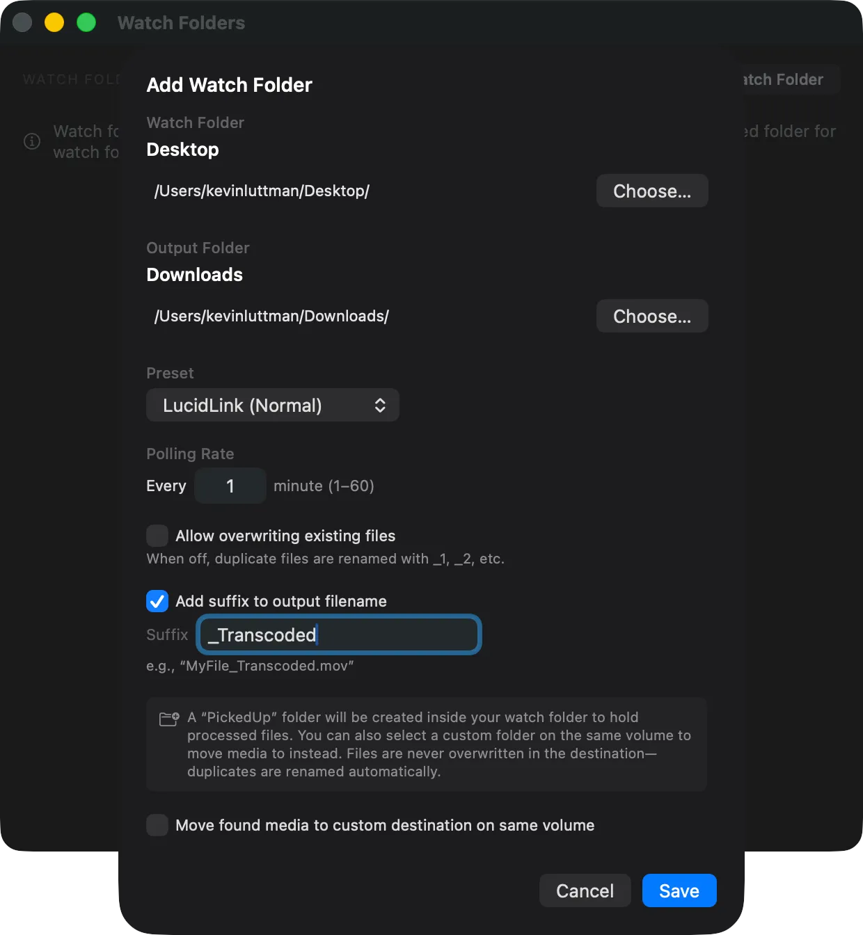 Add Watch Folder dialog showing folder path, preset selection, polling interval, and suffix options