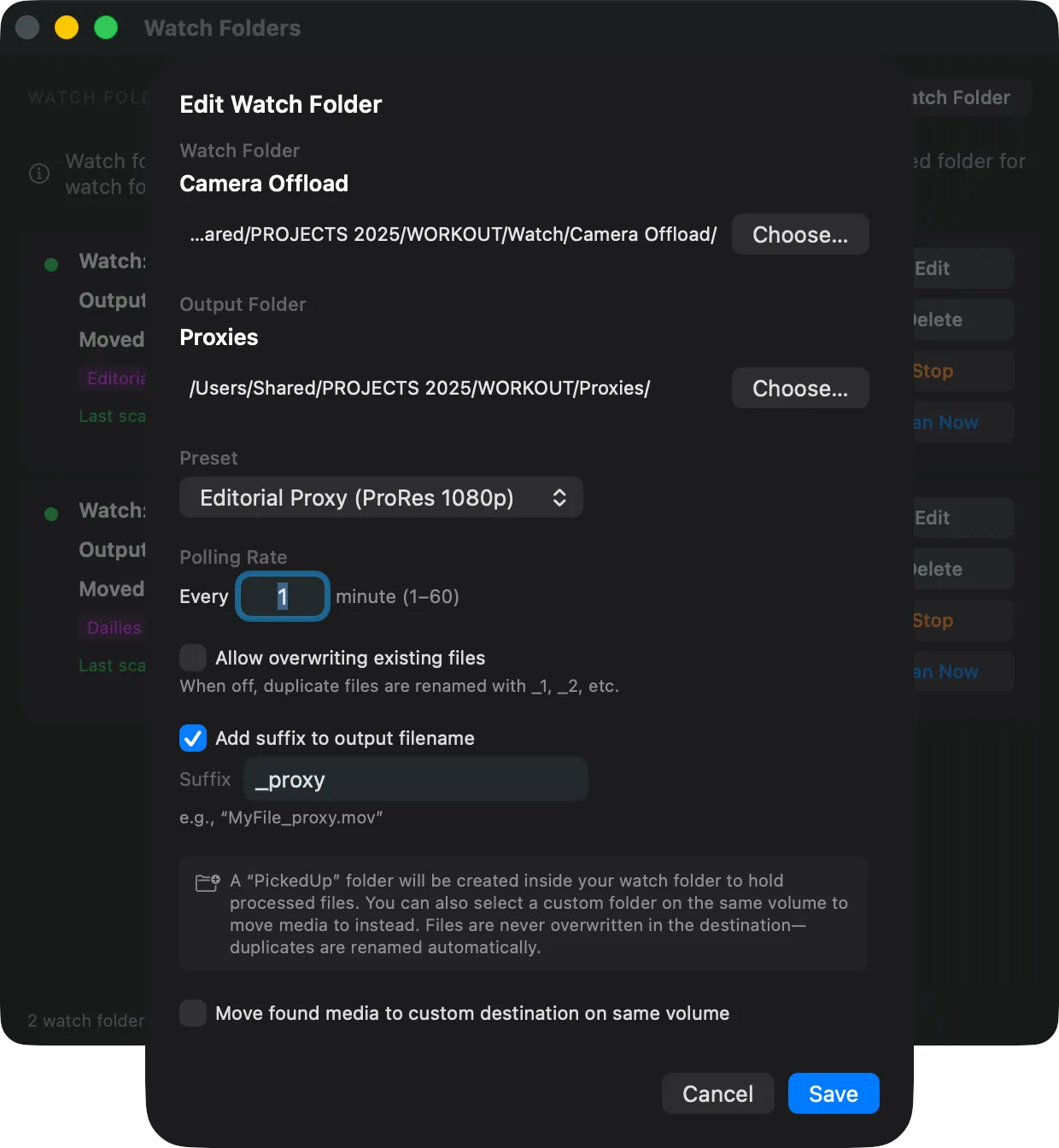 Watch folder settings in Parallel Media Encoder showing watch and output folders, preset selection, and polling interval