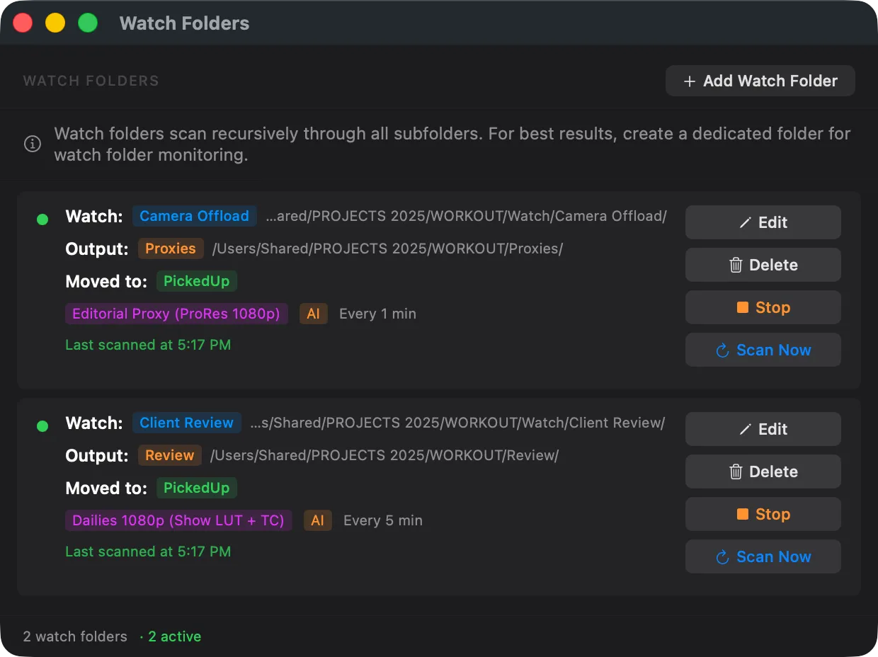 Watch Folders panel showing active folder monitoring with preset and scan interval